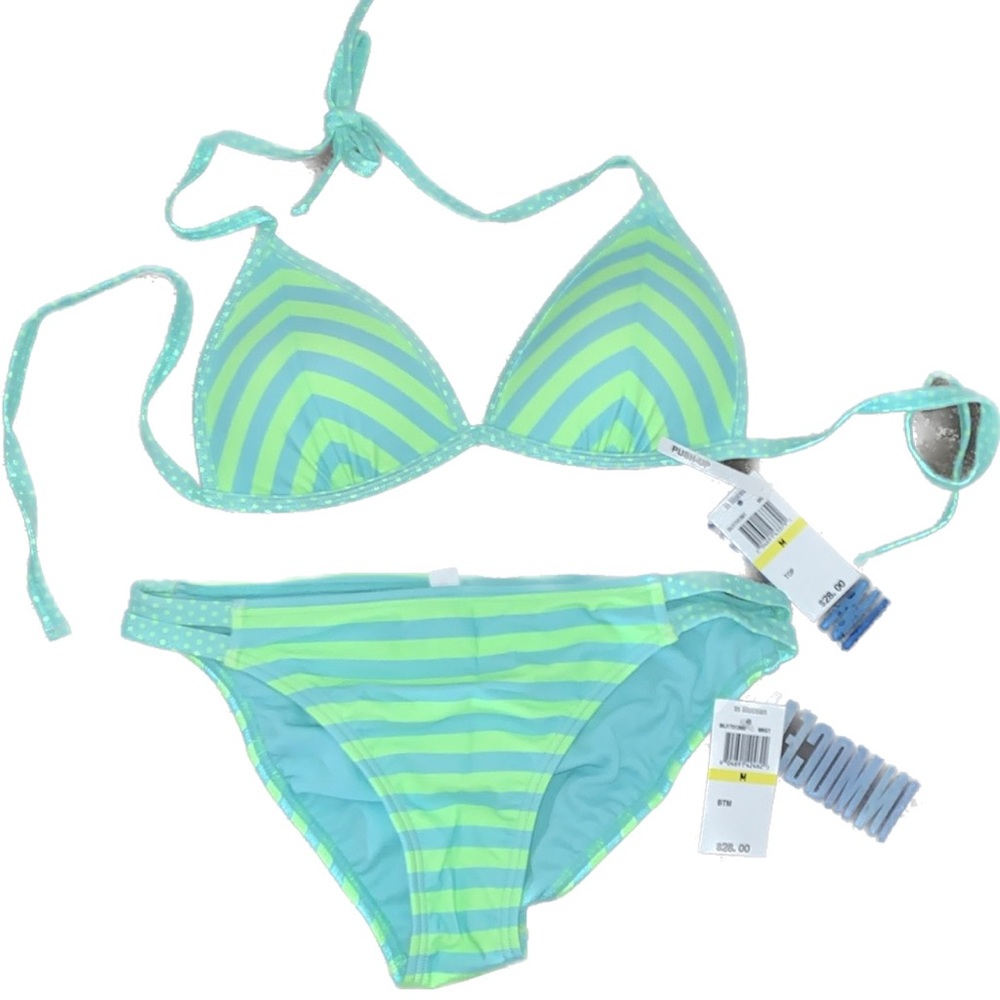 NWT Neon Green/Blue Stripped Matching Bikini set